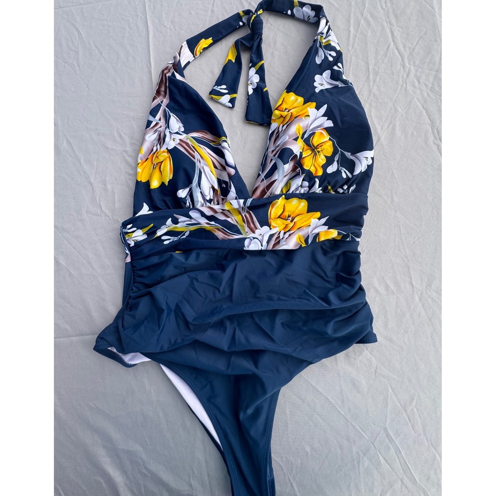 Cupshe Navy Blue Yellow Floral Halter One Piece Swimsuit XXL NWT
